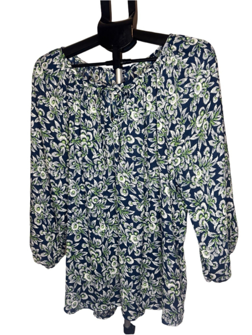 Chaps Floral Peasant Blouse Womens Navy Green 3/4 Sleeve Boho Tunic Top